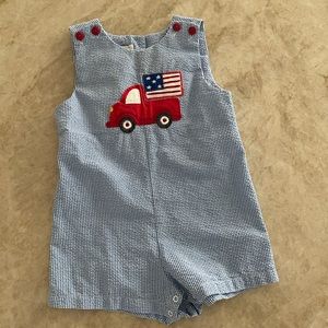 Blue seersucker jon jon with truck and flag